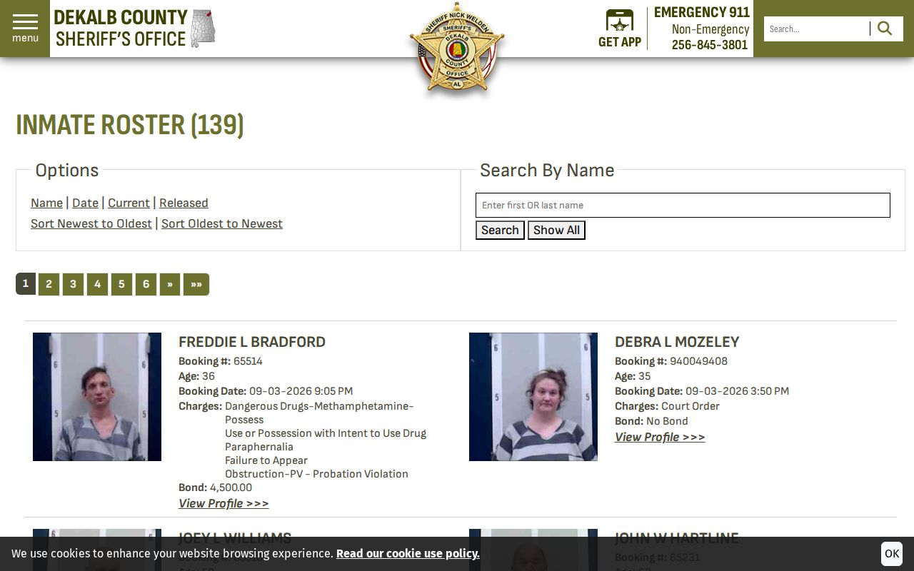 Official DeKalb County current inmate roster sorted by newest booking time