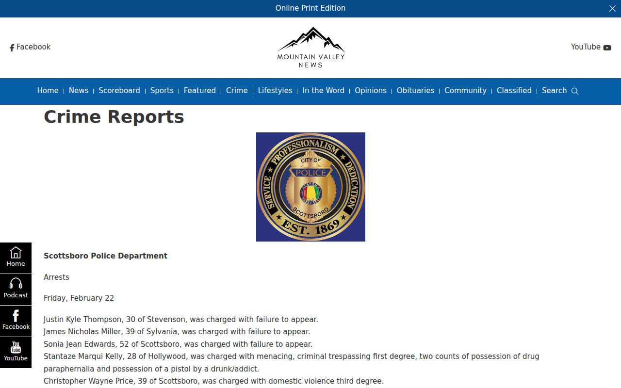 Mountain Valley News crime reports archive serving the DeKalb County area